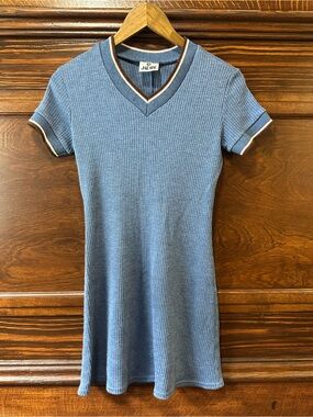 Vintage Jalate Blue Ribbed Knit V-Neck Varsity Striped Trim Mini Dress - Size S